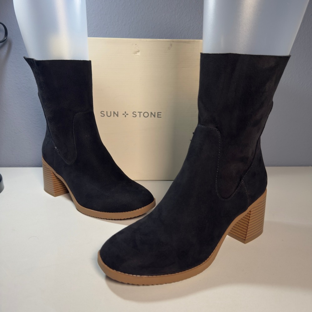 Sun + Stone Lyraaf Boots Women 9.5 Black New Block Heel Back Zip Ankle Bootie - Picture 2 of 13